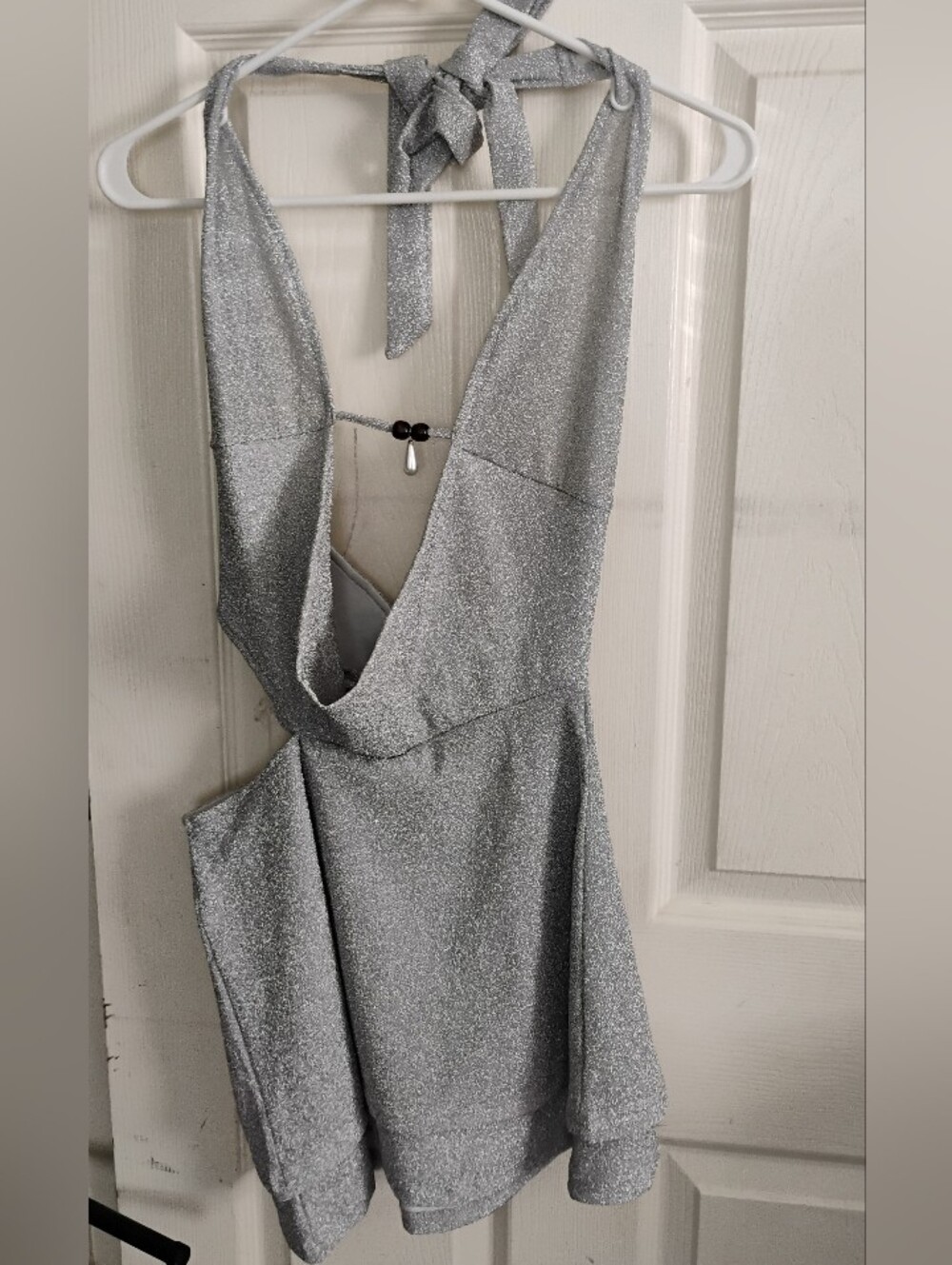 Metallic Silver Halter Mini Dress Plunge Open Back Shiny Cutout